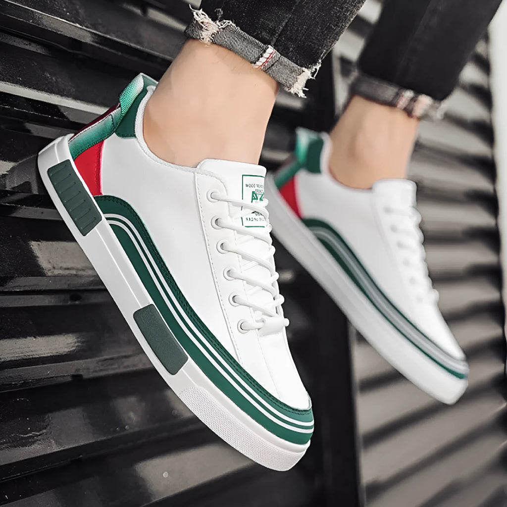 Men's breathable mesh and canvas casual shoes in white and green with flat heel and round toe design