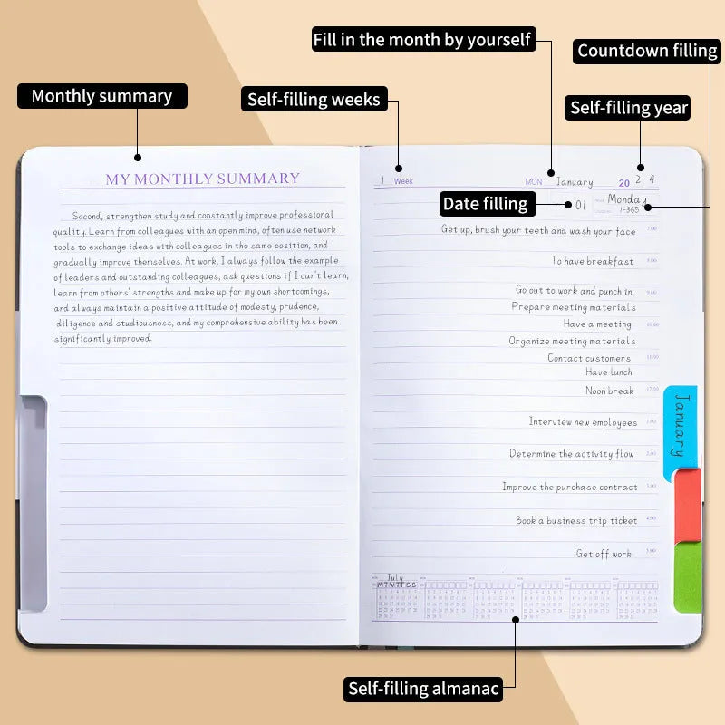 No-date notebook with elastic strap closure shown in purple, matcha green, and pink colour options