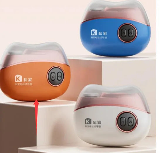 Electric nail clippers and polish tool in blue, orange, or white colours with Type-C charging port