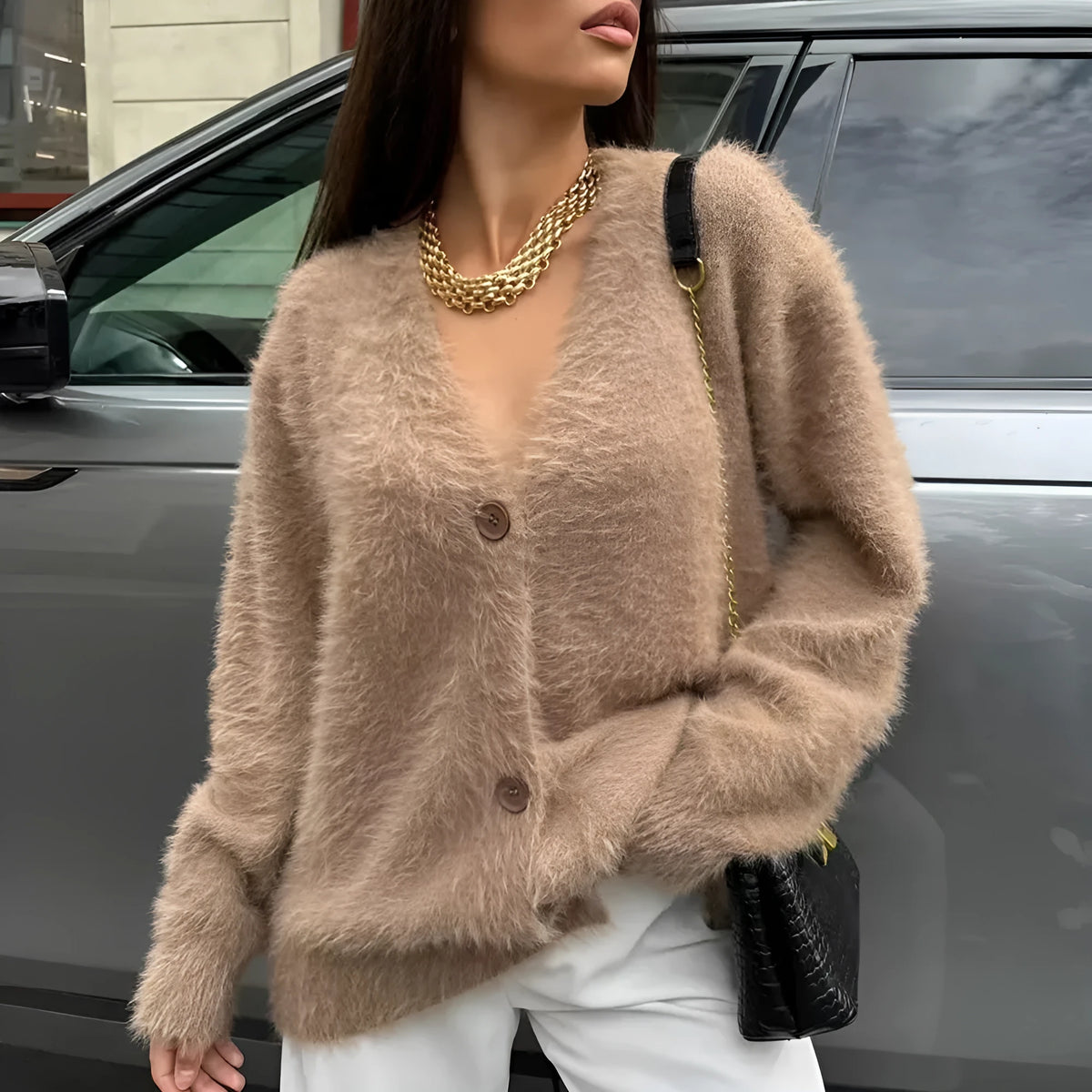 Women's loose V-neck button-front cardigan sweater in thick acrylic knit, 50cm length, sizes S-XL