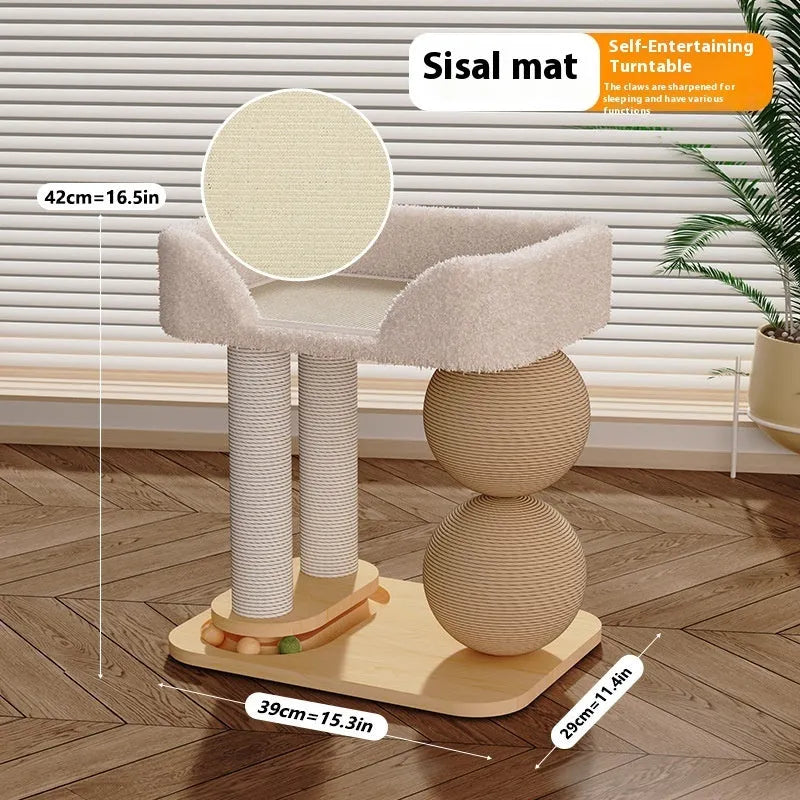 Pine wood cat nest bed with built-in grasping balls in three style variants.