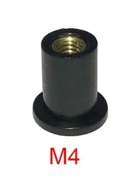 Black rubber and brass well nut riveting fasteners for motorcycle windshields in M4, M5, and M6 sizes