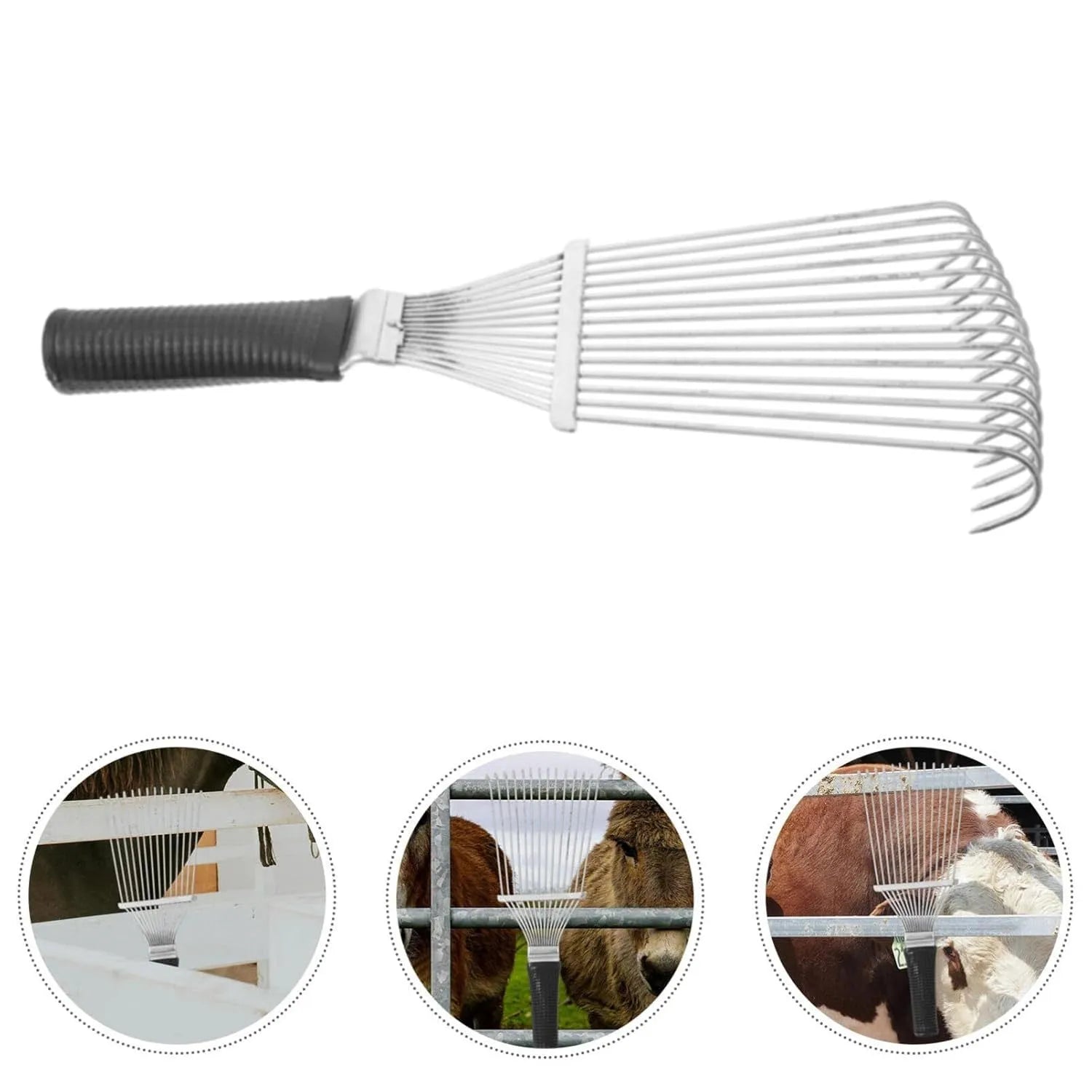 Black stainless steel pet grooming rake comb with metal teeth for horse, dog, and cattle grooming.
