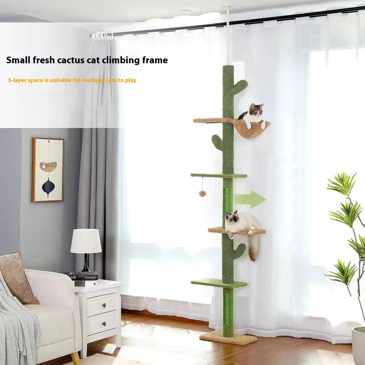 Tall solid wood cat climbing frame with integrated cat nest, platforms, and a scratch board.