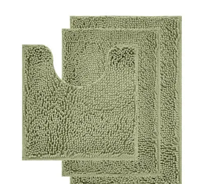 Chenille long hair bathroom three-piece carpet set with U-shaped mat and rectangular mats in modern colours.
