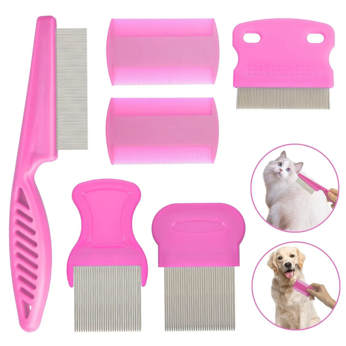 Blue stainless steel dense gear pet flea comb, 4-piece set with large comb 64G or small comb 54G.