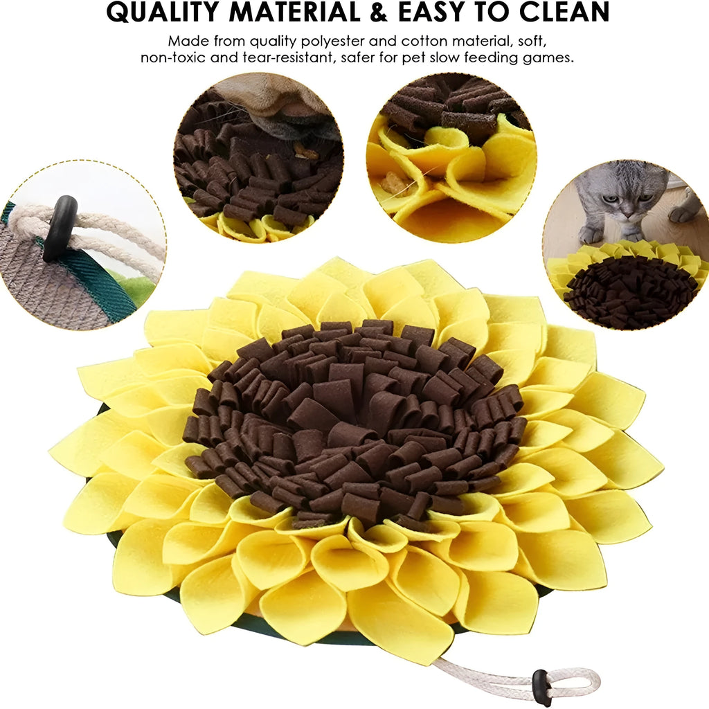 Yellow sunflower shaped dog snuffle mat with fleece petals for treat hiding games