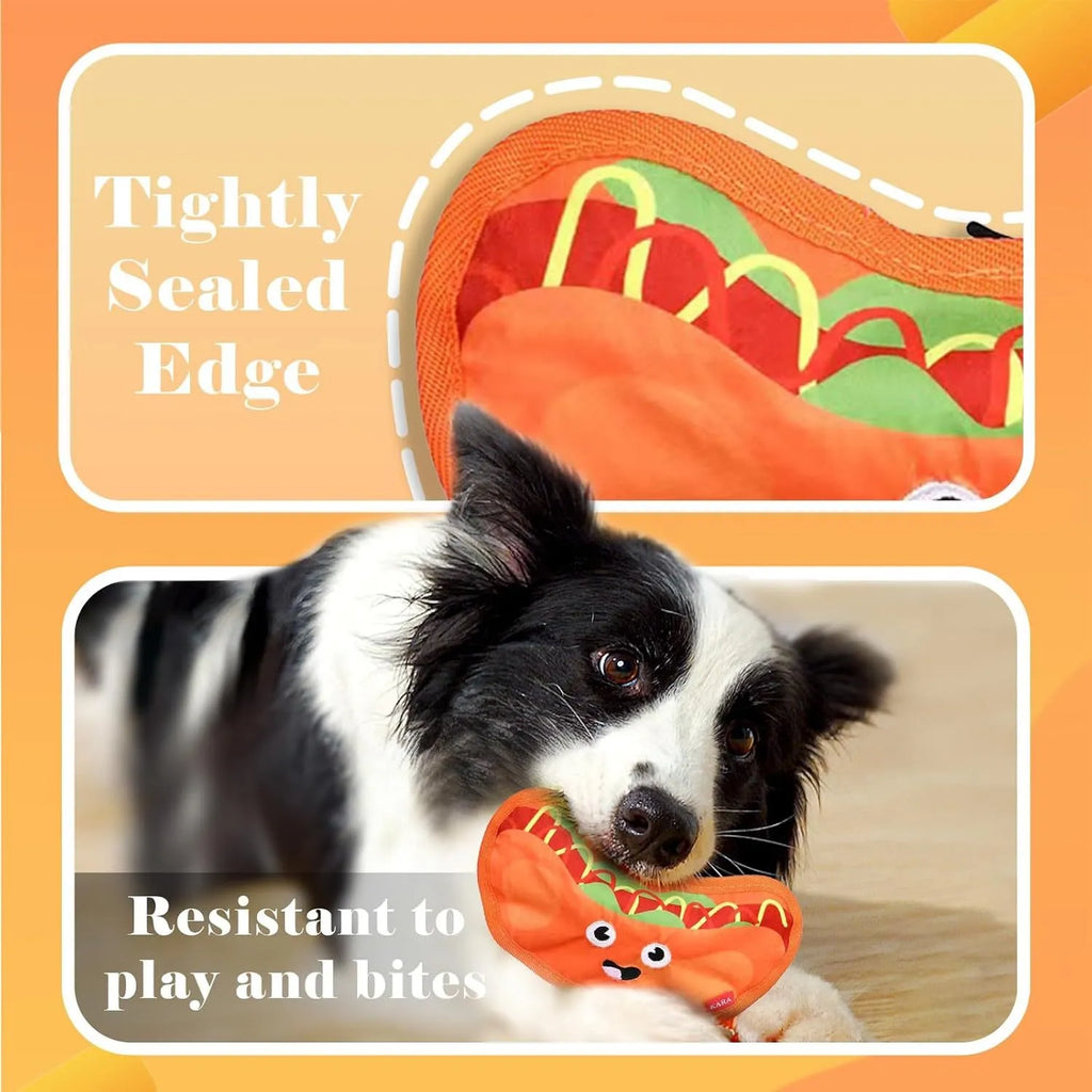Food-shaped dog toy with crinkle and squeak features in hamburger, fries, hot dog, and pizza designs