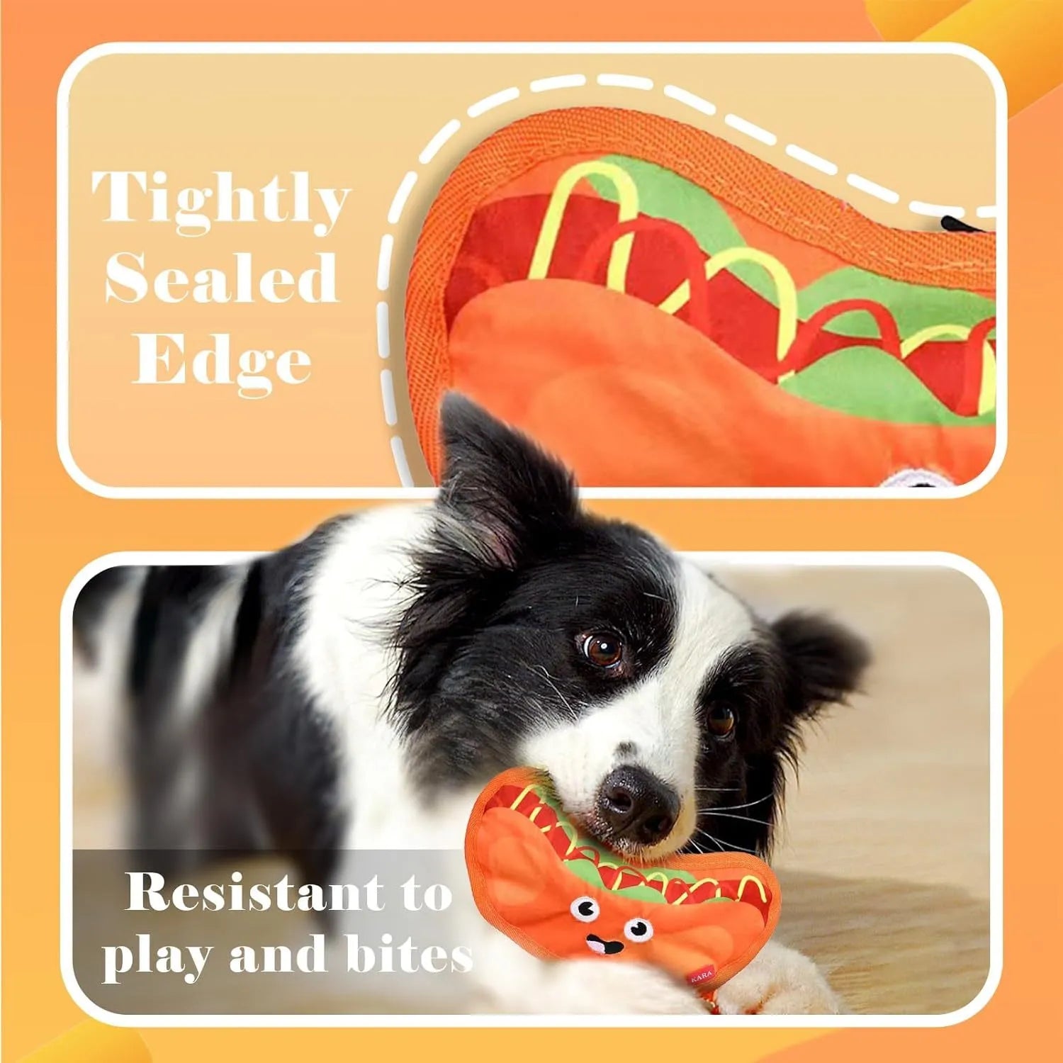 Food-shaped dog toy with crinkle and squeak features in hamburger, fries, hot dog, and pizza designs