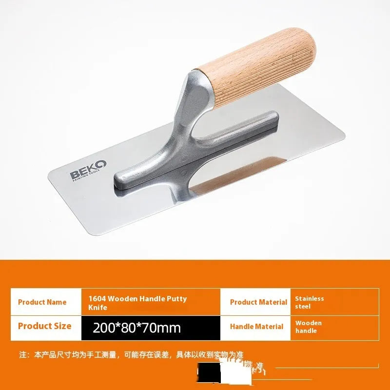 Stainless steel putty scraper tool with wooden handle for decorative floor and wall plastering work
