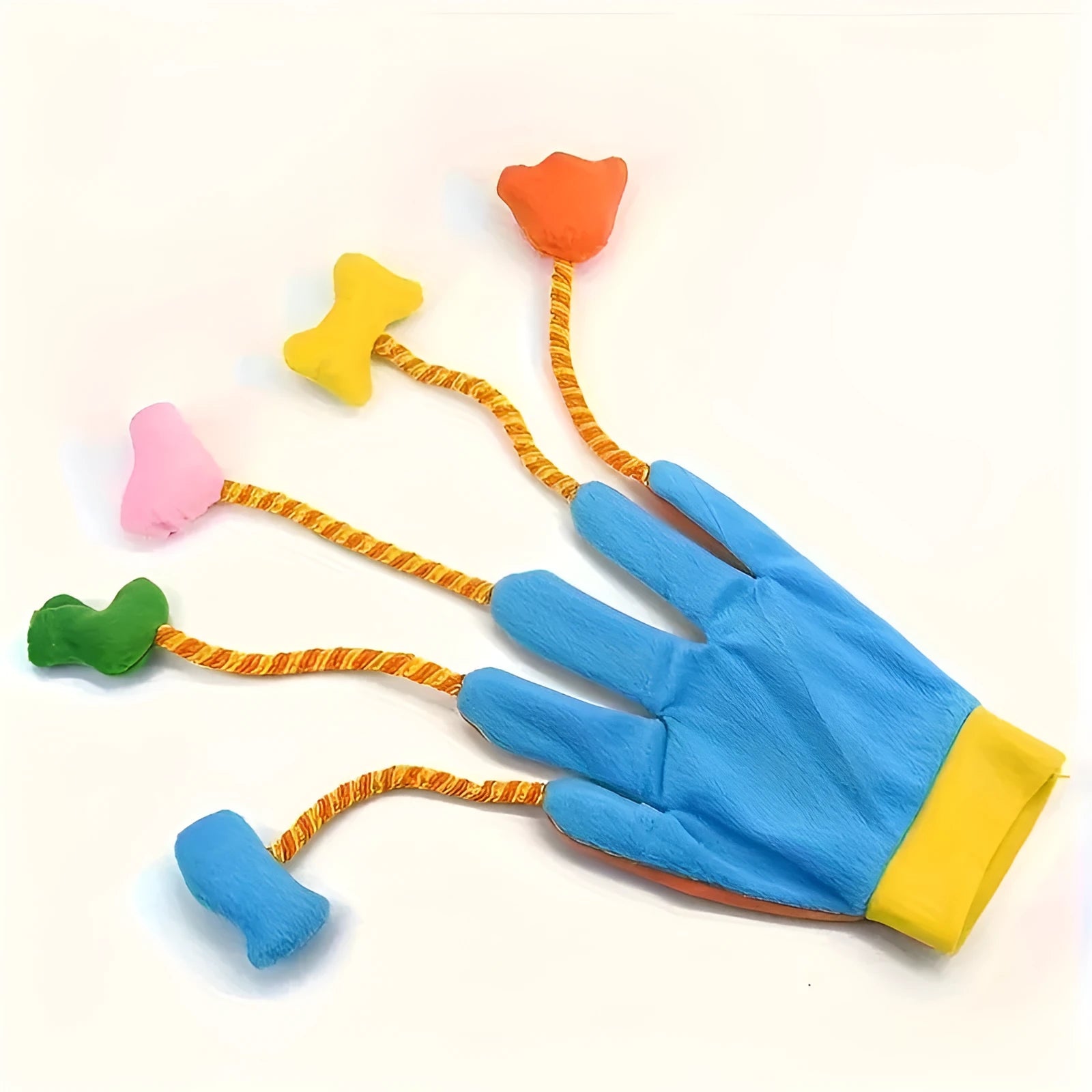 Yellow and blue magic glove cat teaser wand with plush toy and bell measuring 40 cm