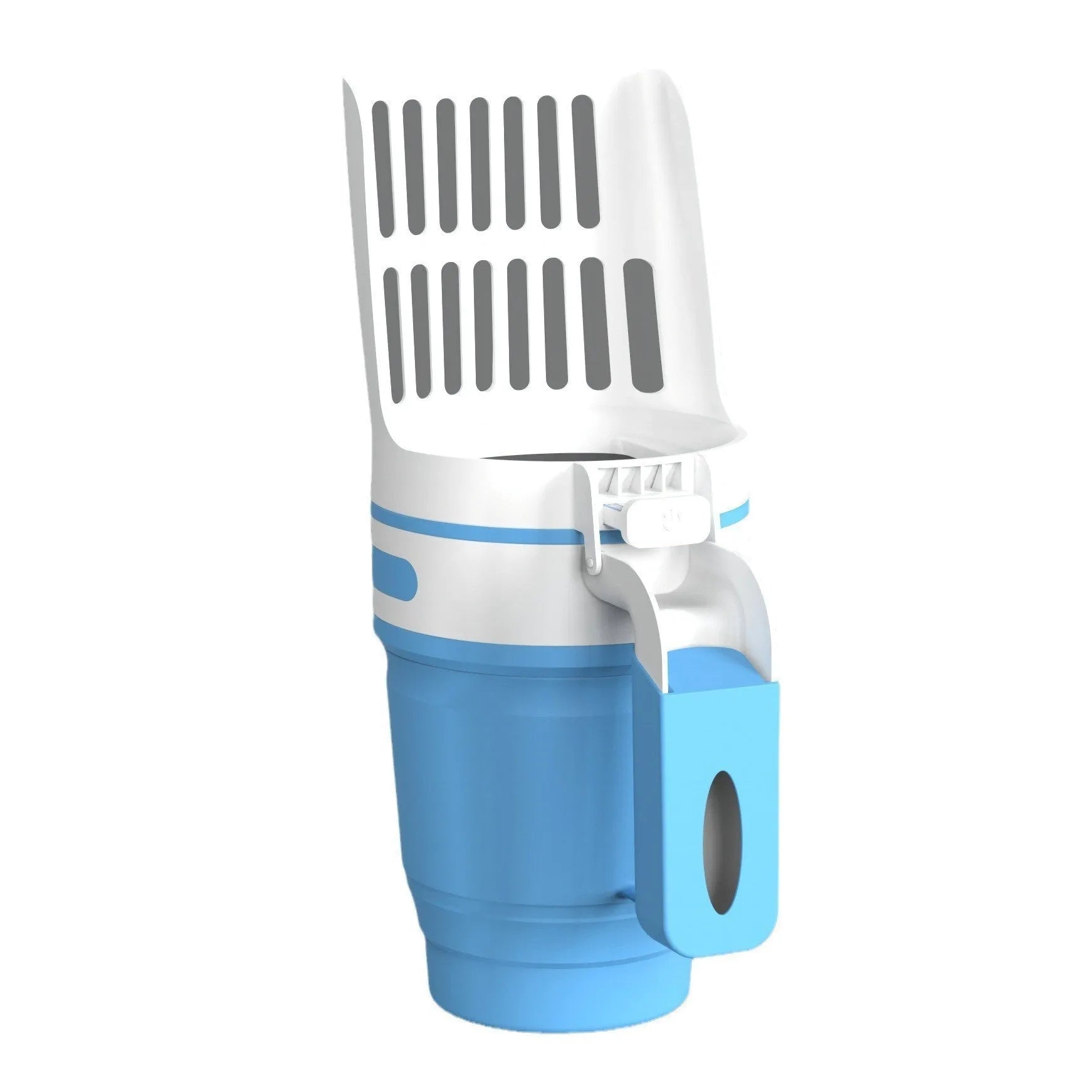 Grey cat litter scoop with refill bags showing 2-in-1 design for waste collection