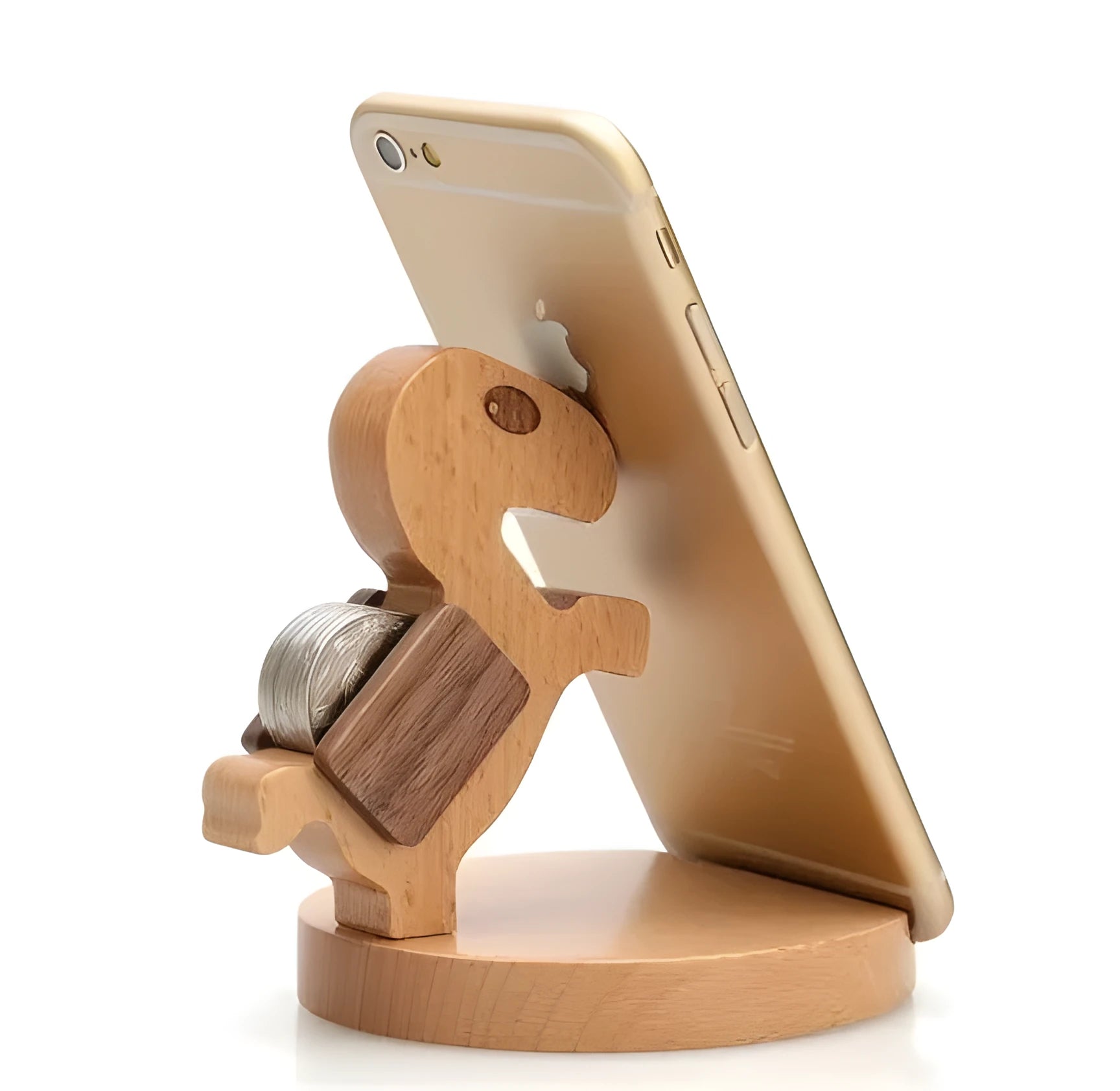 Beech wood mobile phone holder with resin animal decoration and custom lettering on coin back.