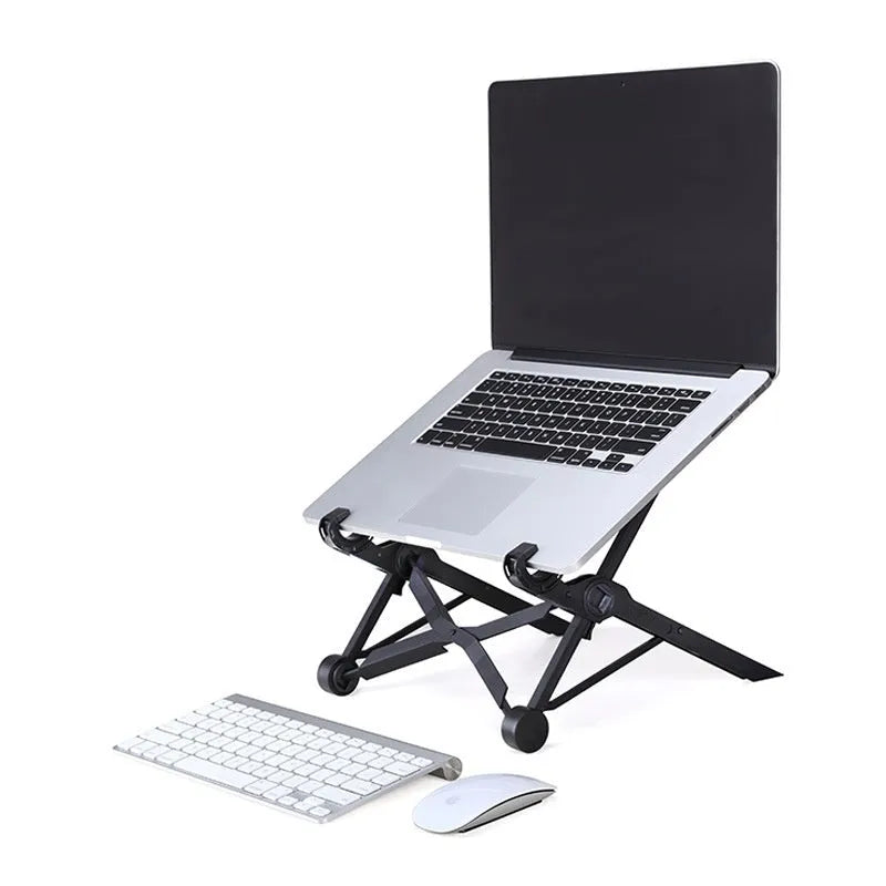 Sagacious black portable folding laptop stand on table with carrying case