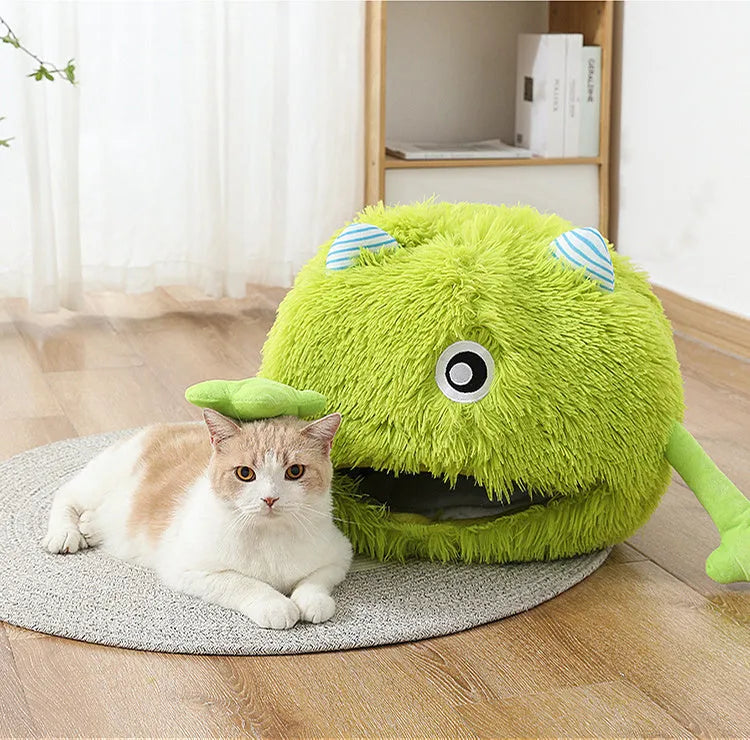 Round fluffy cat bed with non-slip bottom in three size options for indoor pets