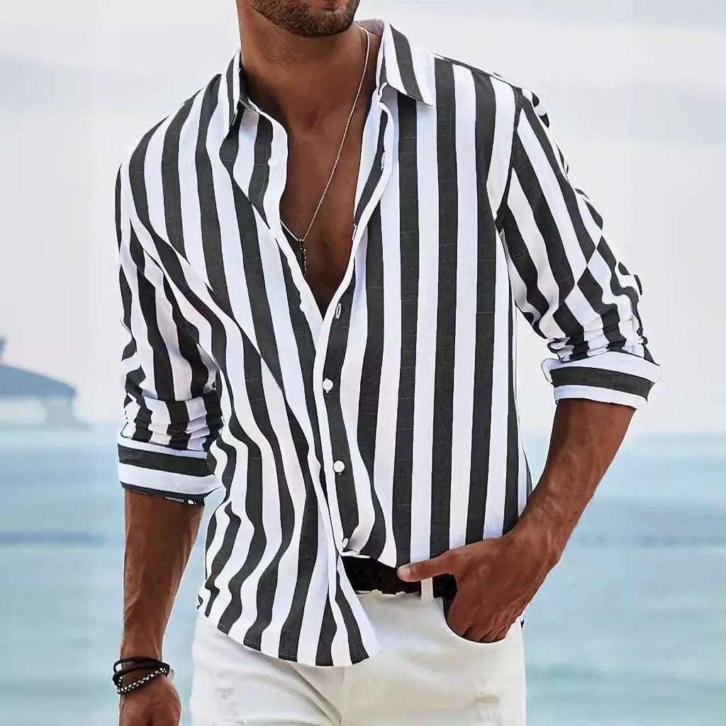 Men's yarn-dyed striped casual shirt in British-style loose fit with long sleeves