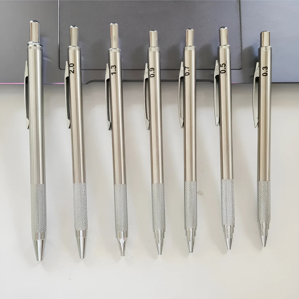 Metal mechanical pencil available in 0.5mm, 0.7mm, and 2.0mm sizes for technical drawing