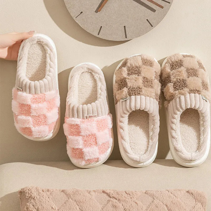 Women's plush indoor slippers in grey with round toe, non-slip PVC sole, and coral velvet upper.
