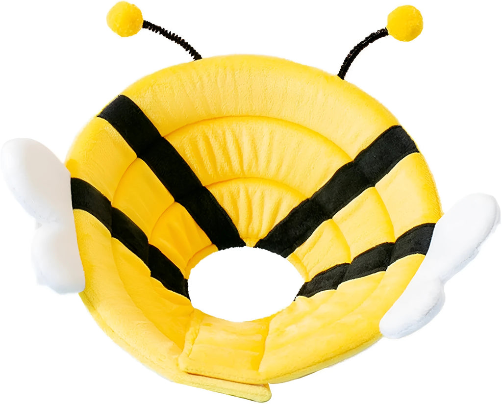 Soft white cat cone collar with black bee design and adjustable Velcro closure.