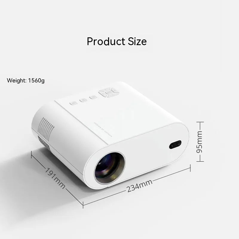 White Full HD smart projector with remote control on a wooden surface.