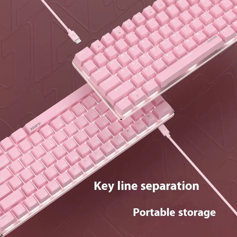 Pink 82-key mechanical keyboard with white backlight illumination on keys