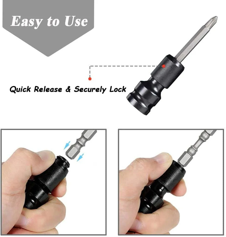 Square turn hexagonal handle telescopic scaling bit holder for electric wrenches converting between 1/4 and 1/2 inch drive sizes.