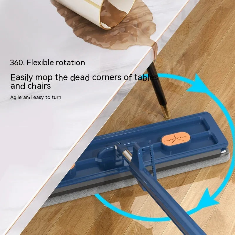 Large flat mop with stainless steel handle and blue cleaning cloths showing 360° rotating head mechanism