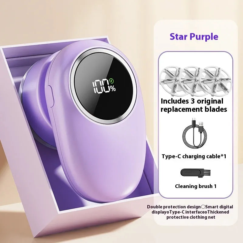 Beige and purple digital display fur ball trimmer with multiple cutter heads and USB-C cable