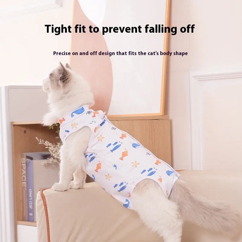 Cat wearing a sterilisation recovery suit with Velcro fastening and a printed pattern design