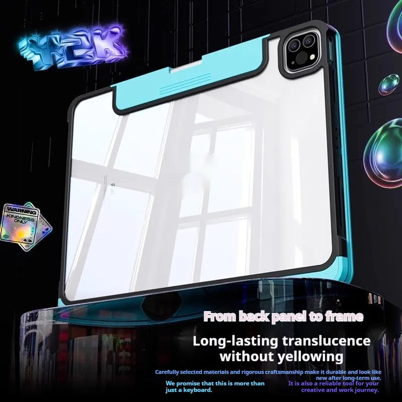 Blue PC keyboard protective case for iPad Pro 11-inch tablet showing mute function button.