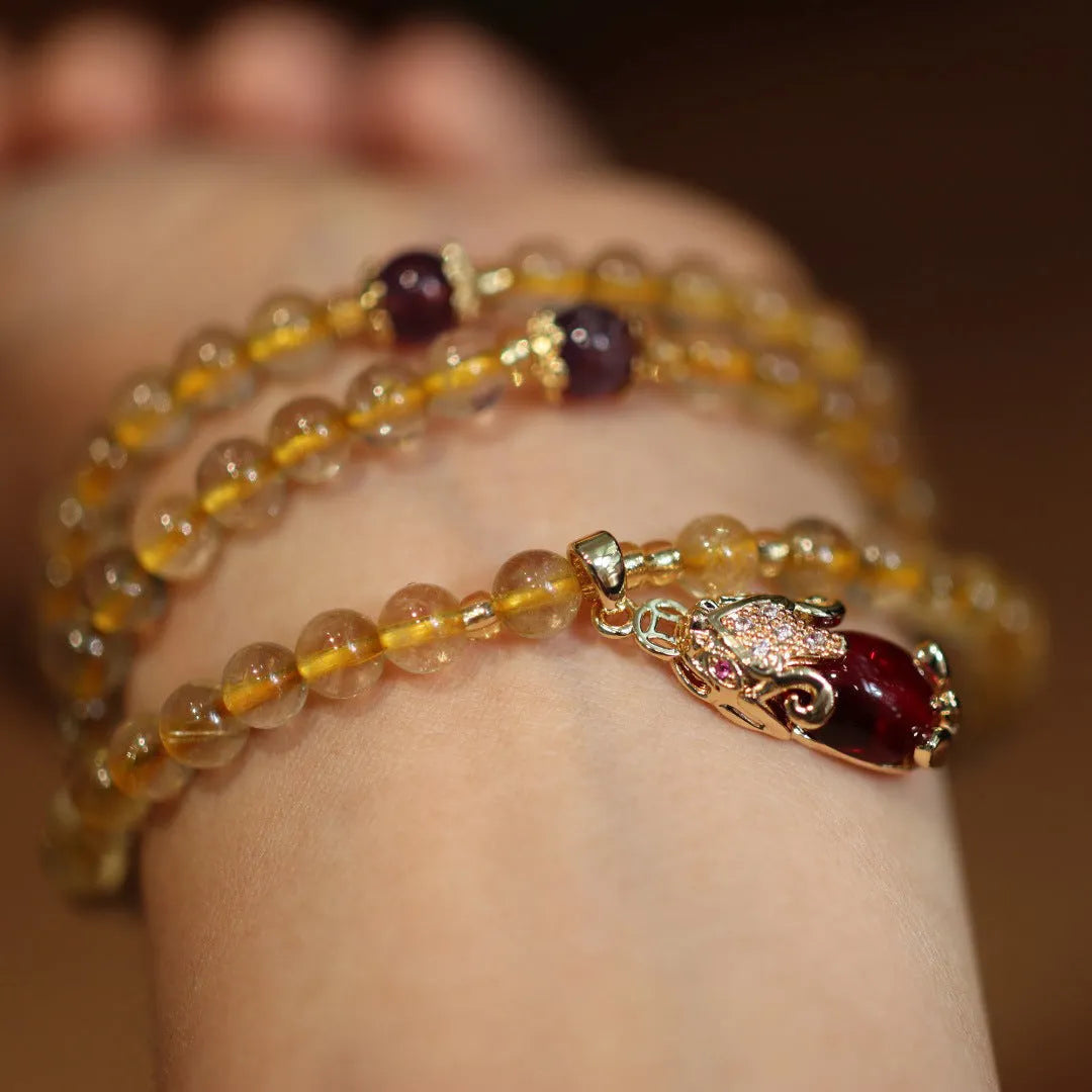 Natural Brazilian gold rutilated quartz Chinese-style bracelet with three-circle gold ruby quartz charm pendant