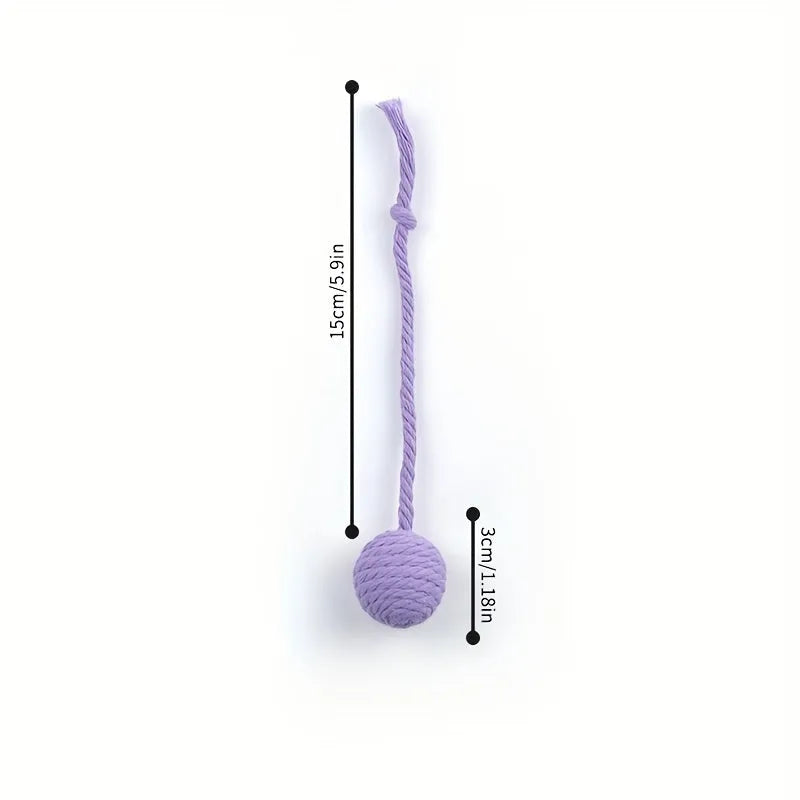 Colourful cat toy ball with rope attachment and built-in bell for interactive play