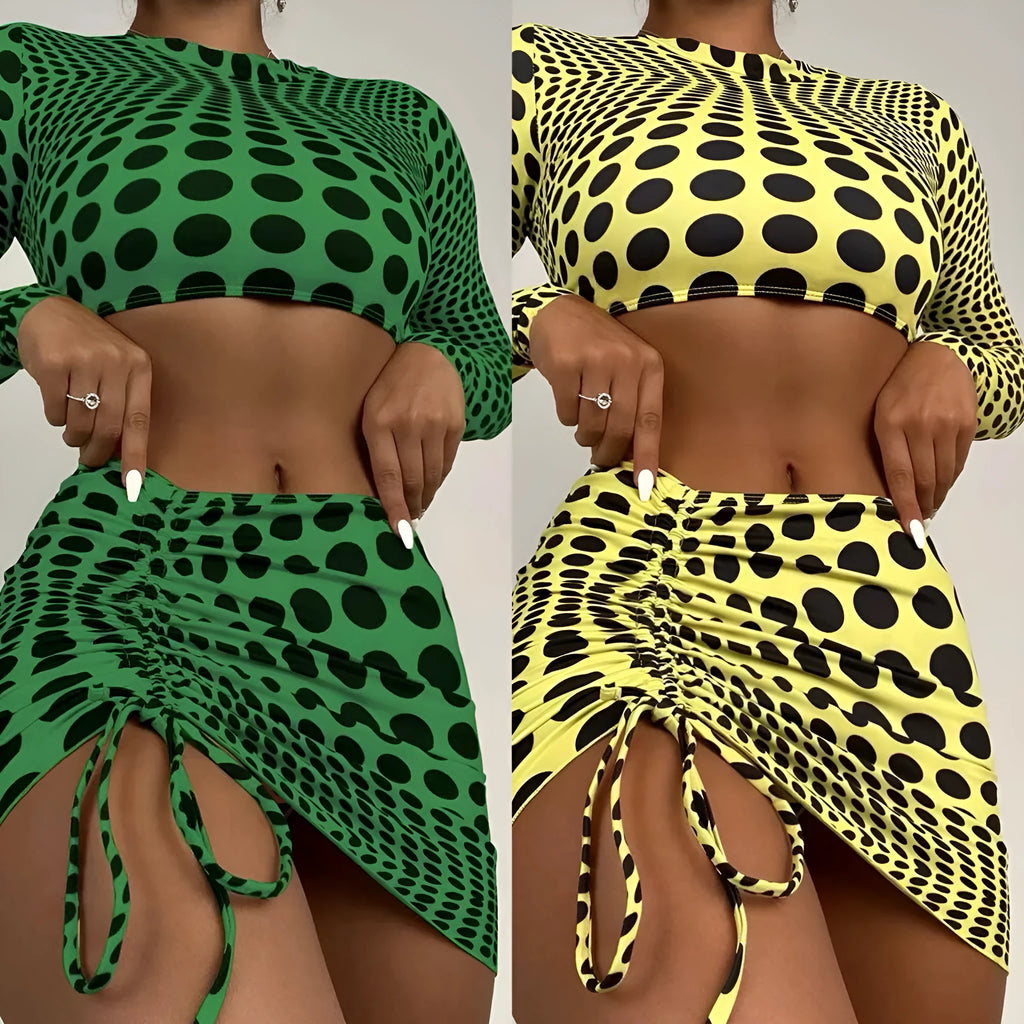 Women's green polka dot three-piece swimsuit set with skirt and padded bikini top