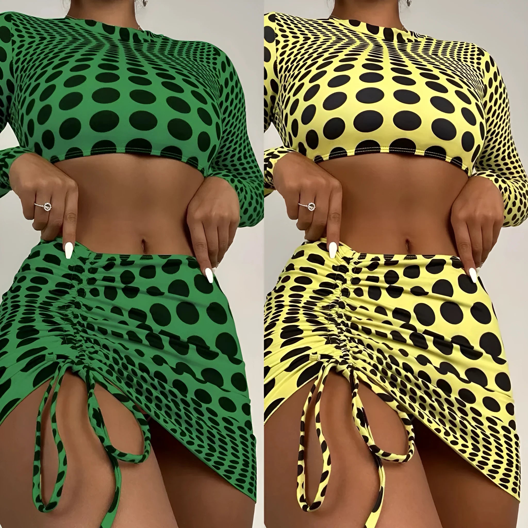 Women's green polka dot three-piece swimsuit set with skirt and padded bikini top