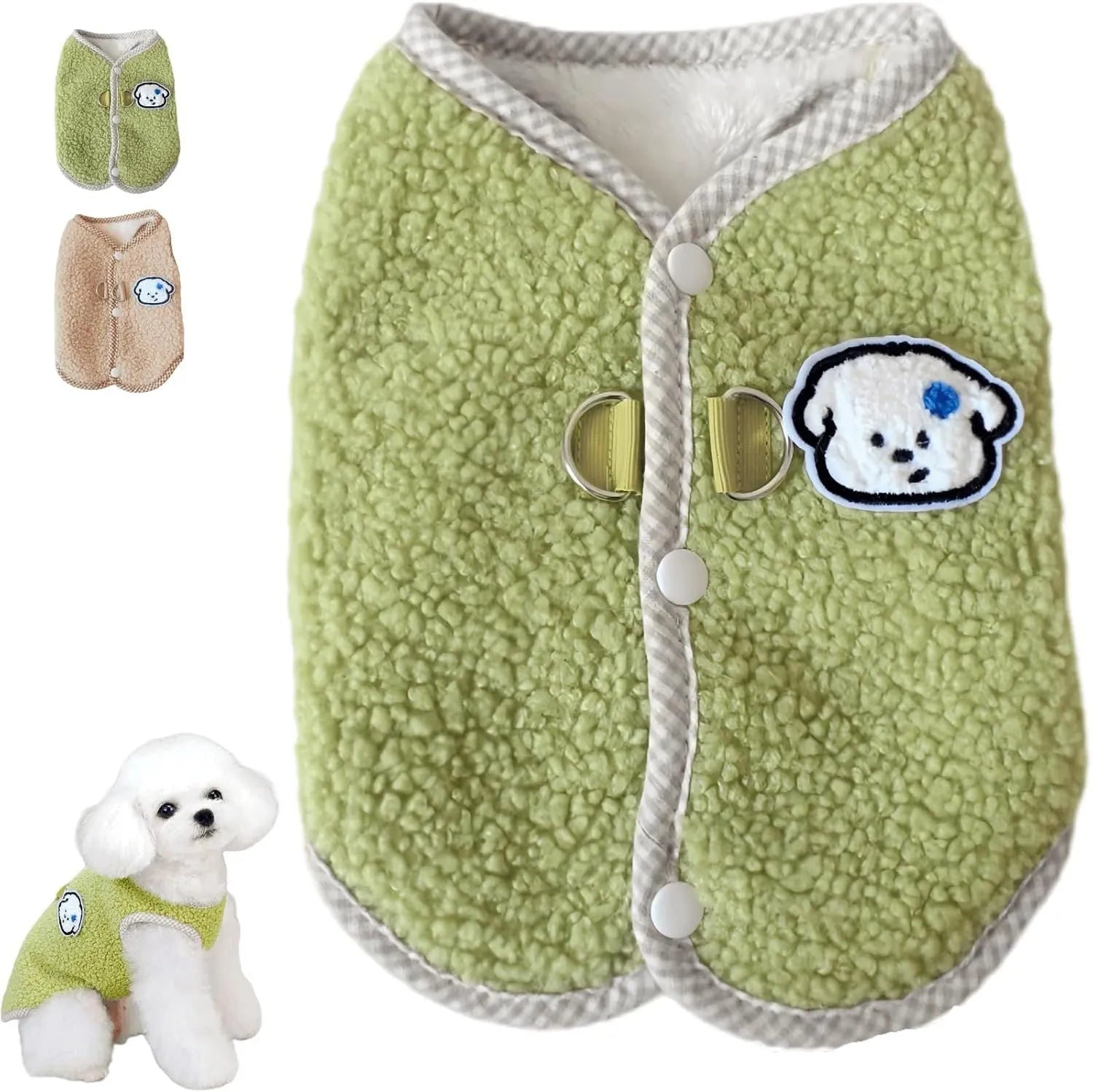 Green coral fleece dog sweatshirt vest with leash ring for small pets