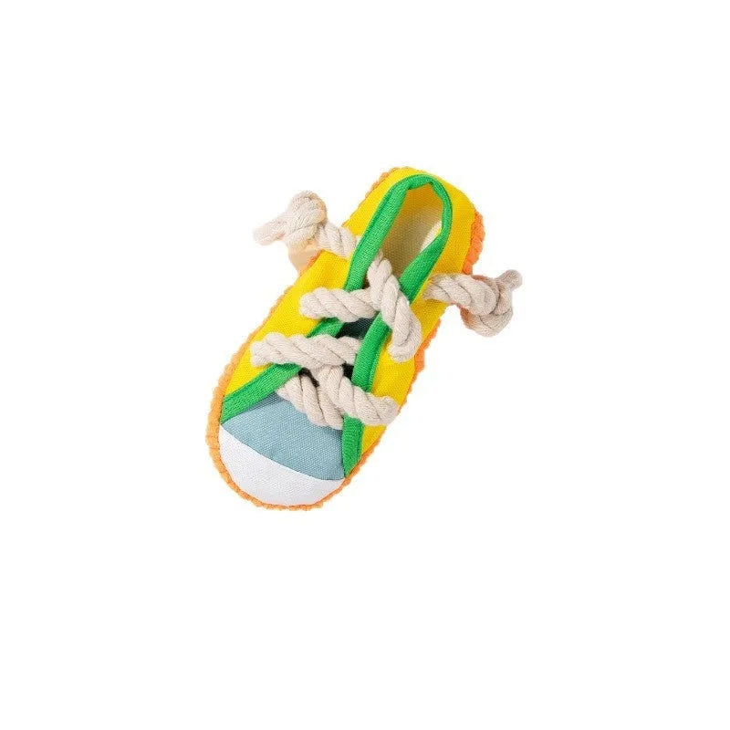 Sound slippers dog toy with self-hi relieving movement and molar chewing texture in plastic construction