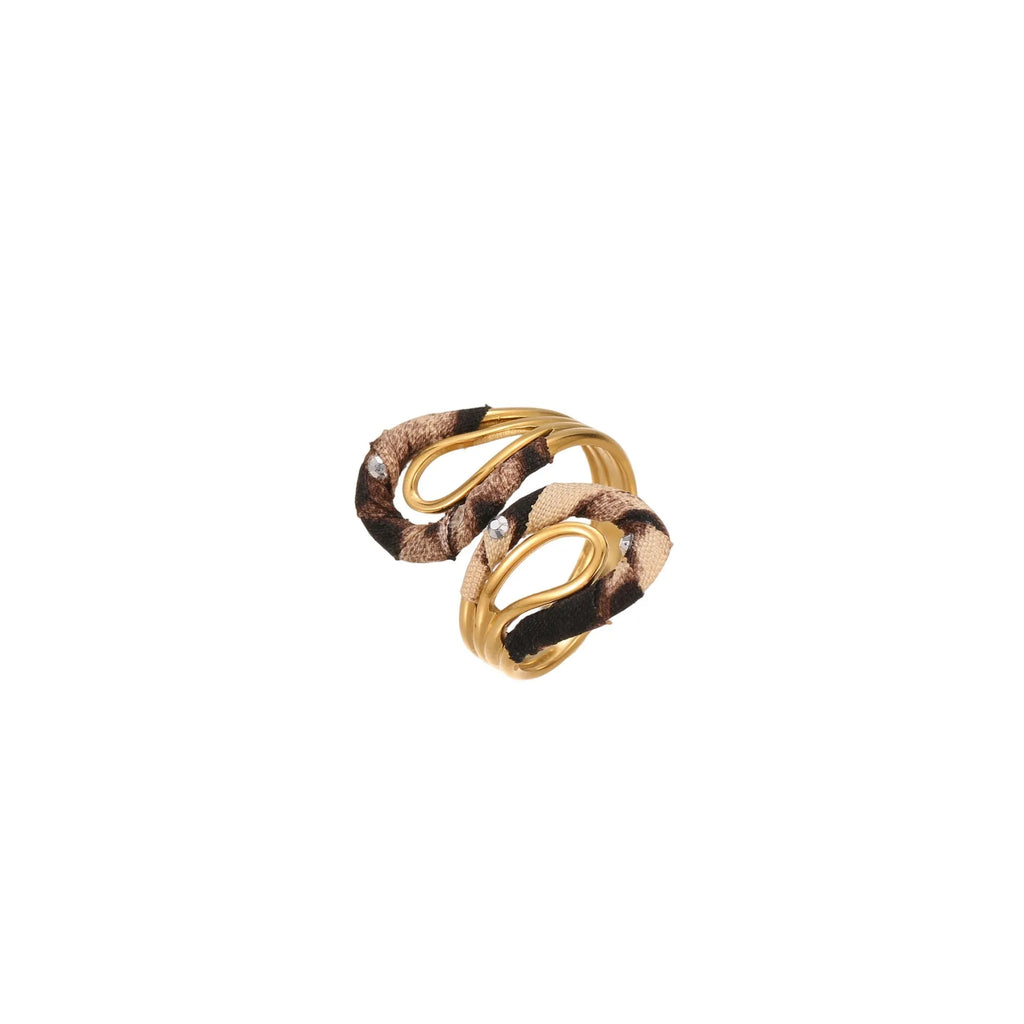 Stainless steel open mouth ring with leopard print and geometric heart or star shape design.
