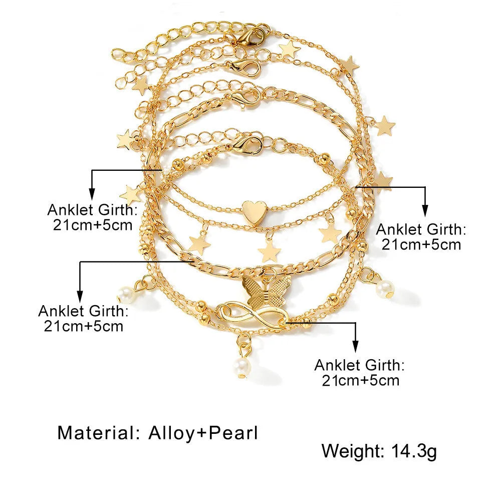 Women's butterfly pearl heart anklet 4-piece set in alloy with adjustable clasps