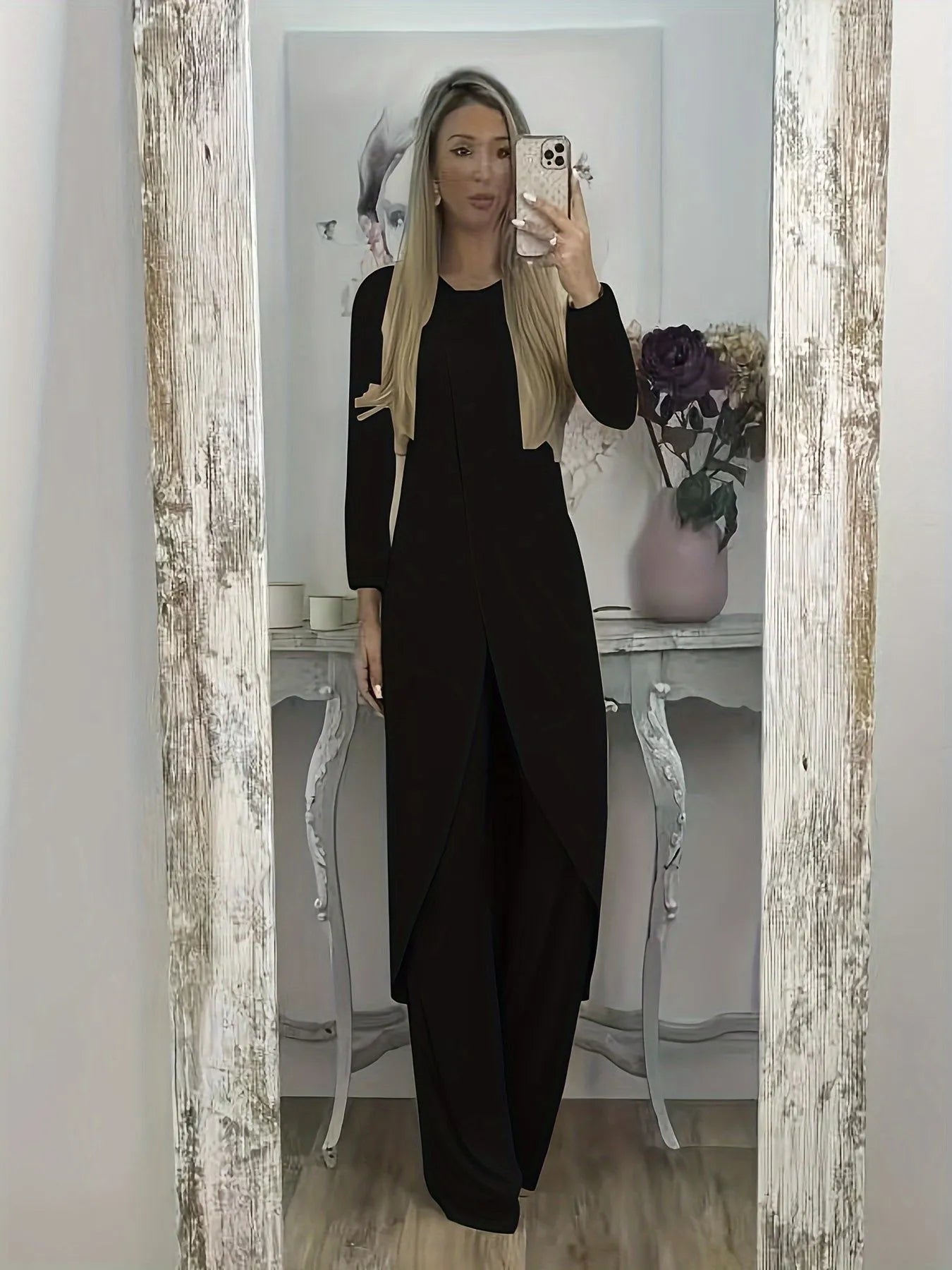 Casual long sleeve polyester two-piece set in khaki, showing loose round neck top and full-length trousers.