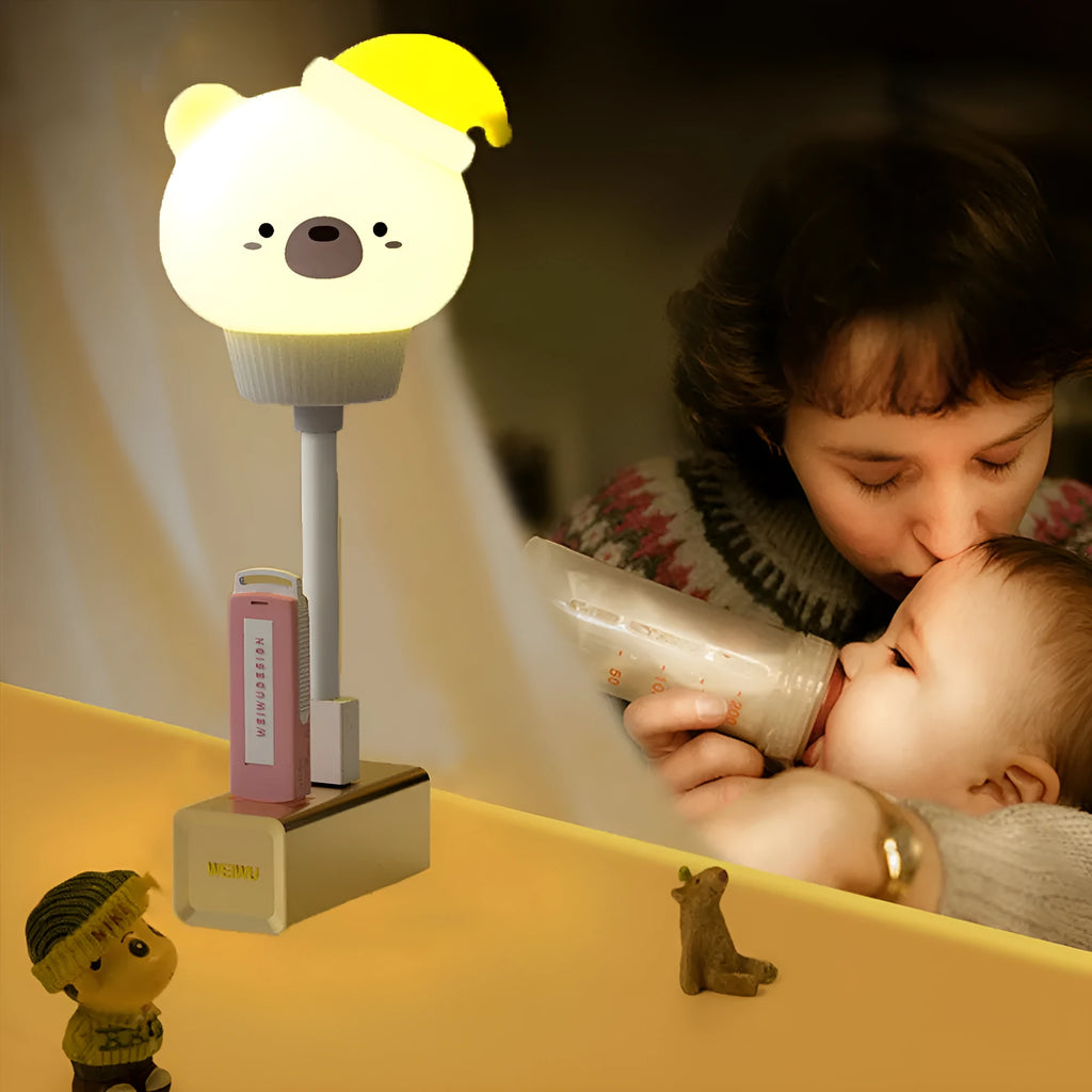 USB portable cartoon animal LED night light in rabbit design with adjustable brightness settings.