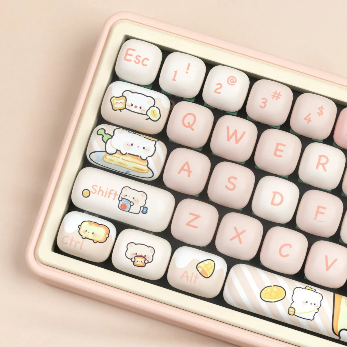 MOG Steamed Bread Bread Bear themed PBT keycap set for mechanical keyboards, showing colourful character designs.