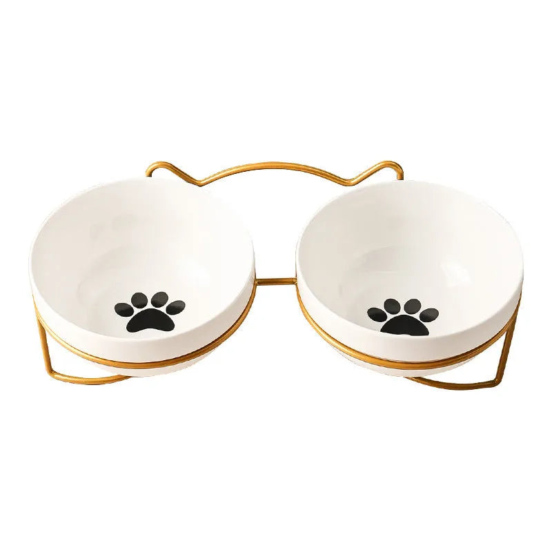 Ceramic pet bowl with iron frame featuring cat footprints pattern