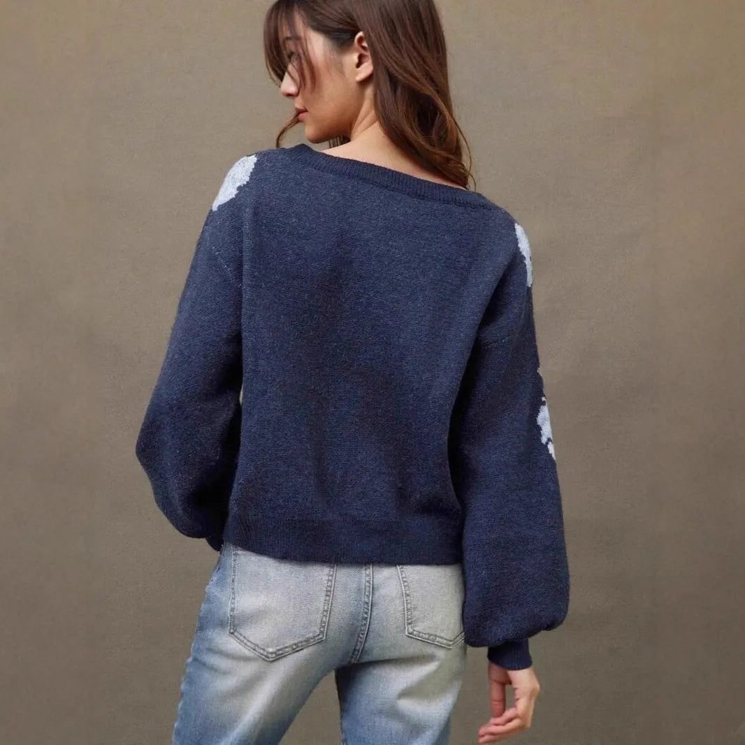Sapphire Blue women's pullover with flower jacquard pattern and loose casual design