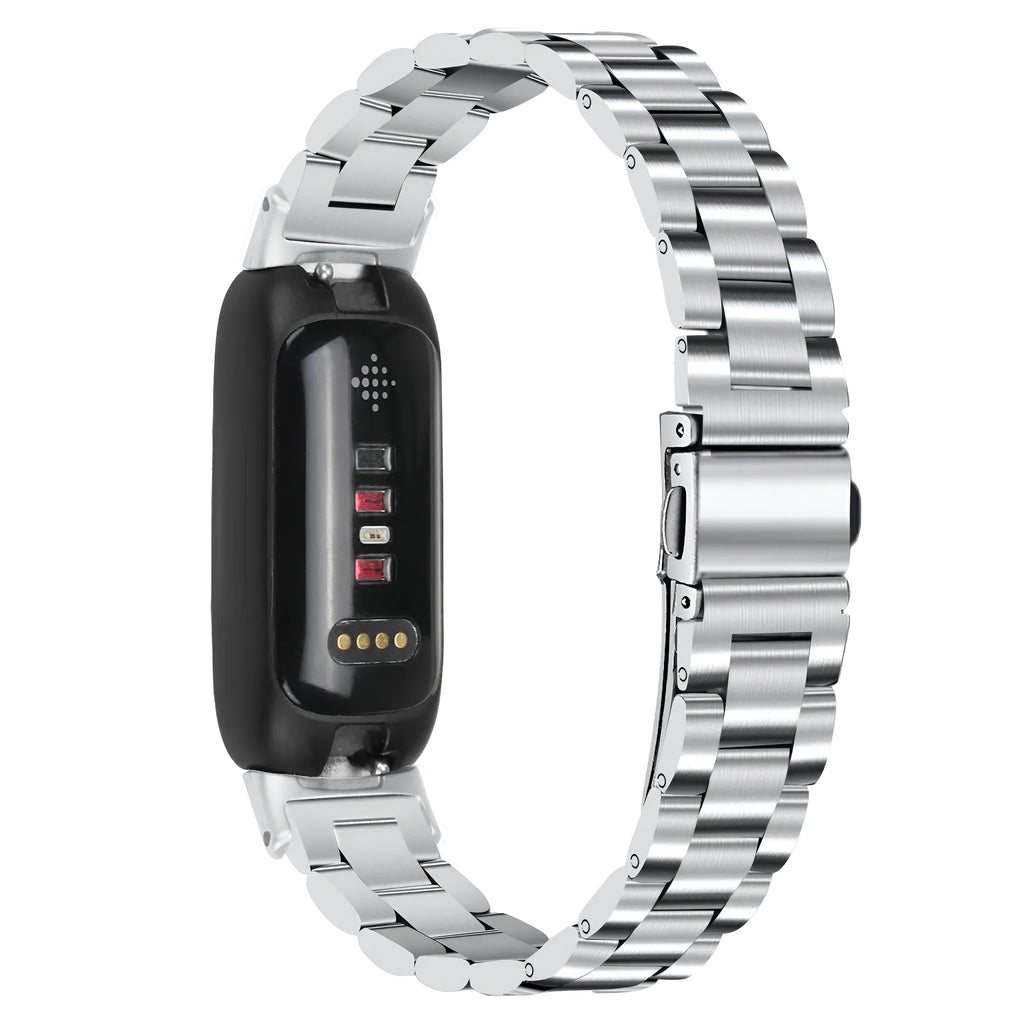 Stainless steel three-bead link replacement strap for Fitbit Inspire 3 in multiple colour options.