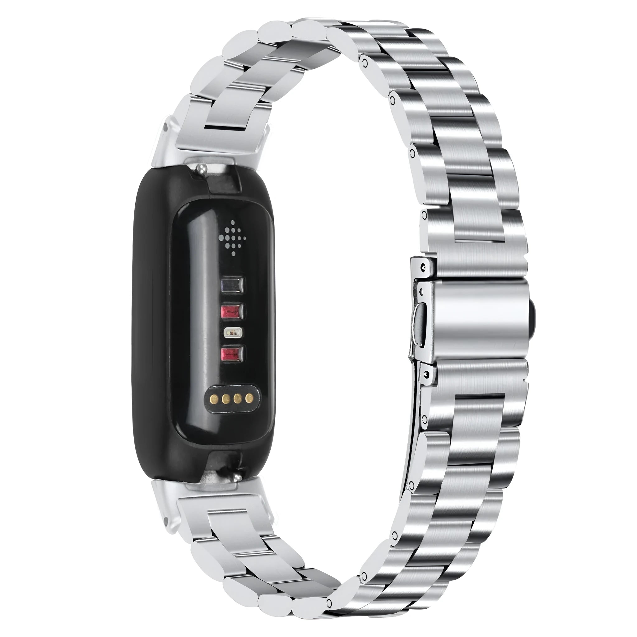 Stainless steel three-bead link replacement strap for Fitbit Inspire 3 in multiple colour options.