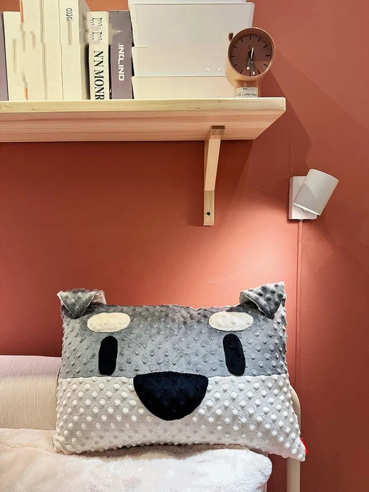 Grey schnauzer design dog pillow cushion on a sofa, showing soft fabric and 50 cm width.