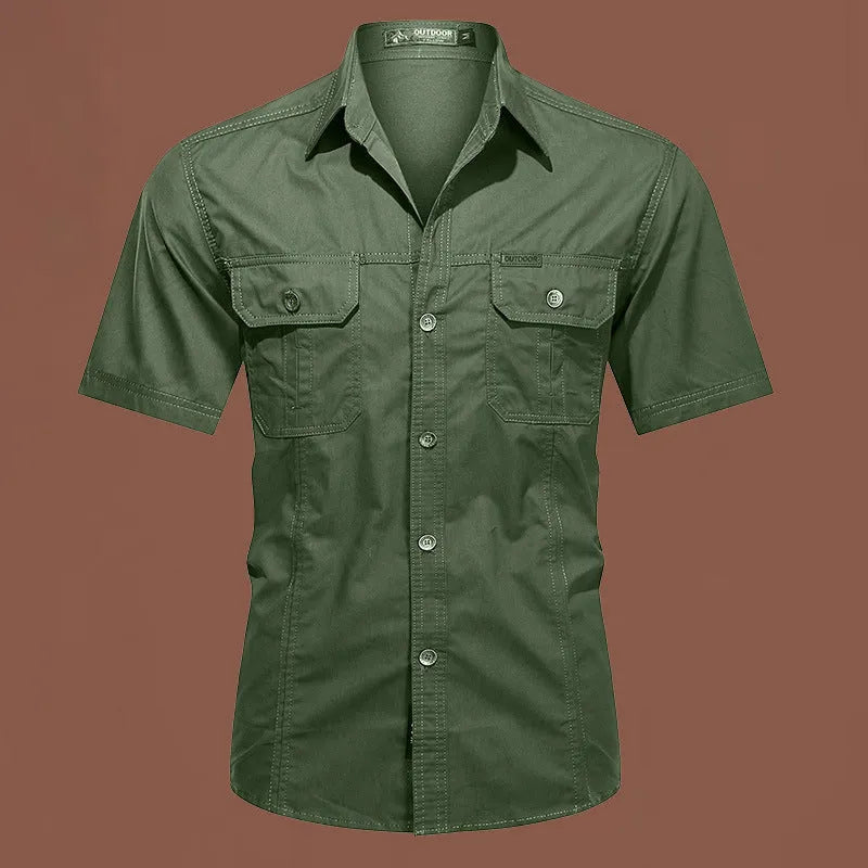 Men's cotton short sleeve work shirt in loose fit with non-iron treatment shown in multiple colour options