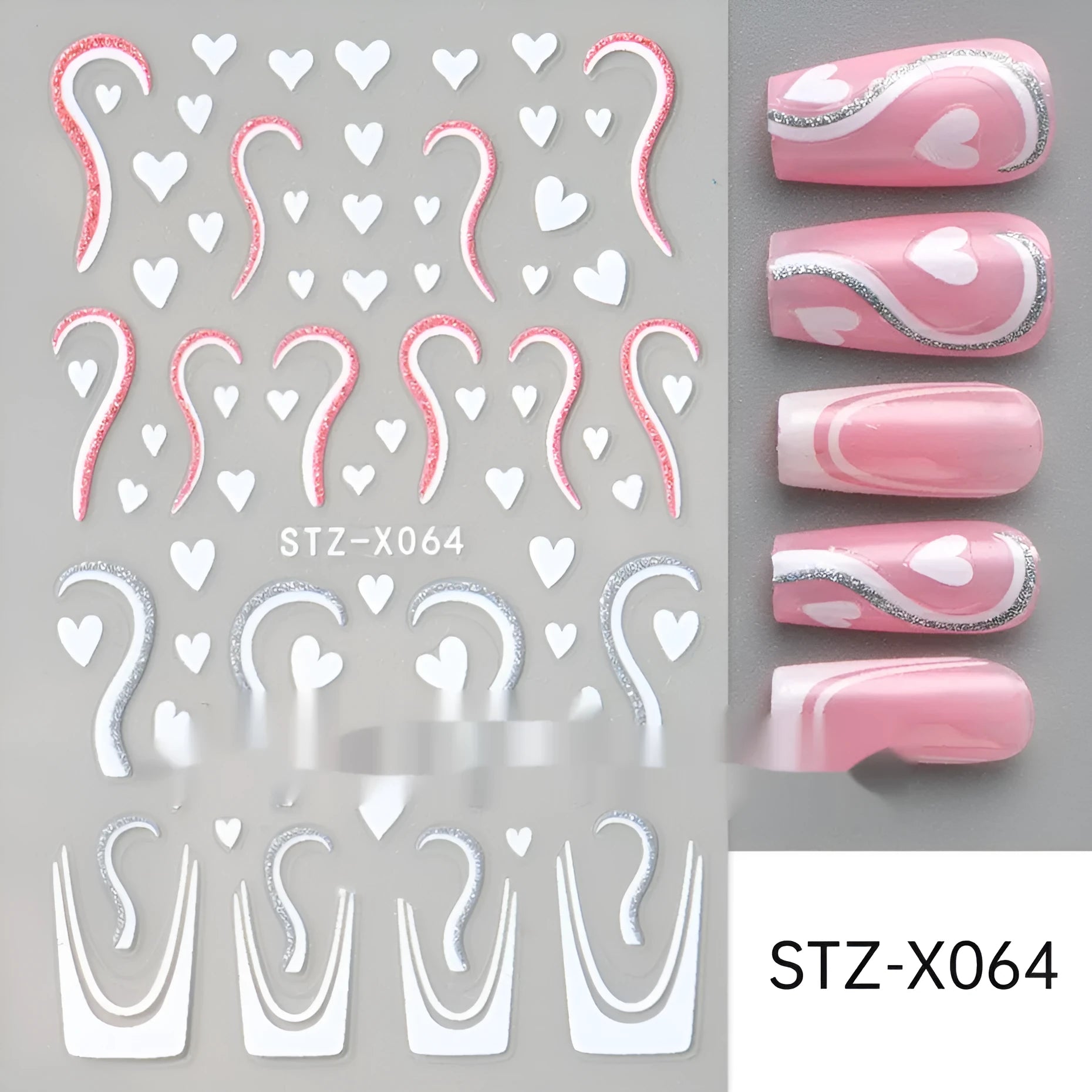 Cartoon nail art stickers with black and silver strip love pattern design
