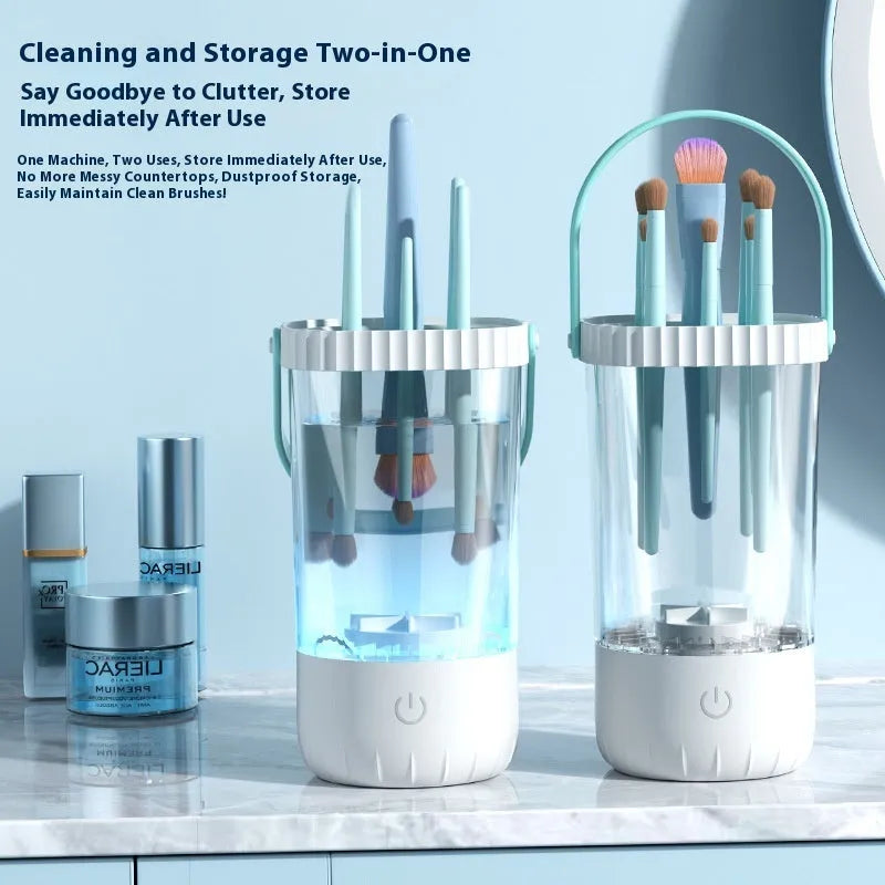 White rechargeable electric makeup brush cleaner with plastic housing and USB cable