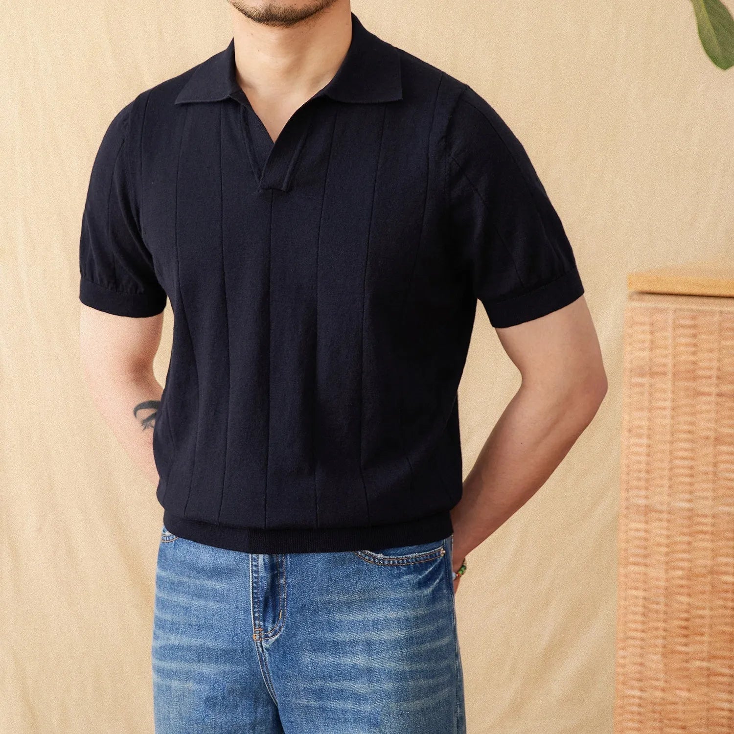 Cotton and linen blend polo shirt with sunken stripe knitted pattern and seagull collar in multiple colour options